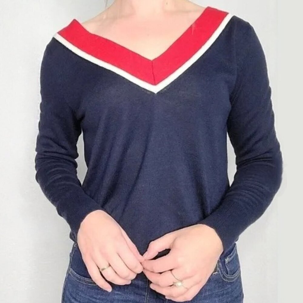 Banana Republic Navy Blue Colorblock V-Neck Long Sleeve Sweater, Size XL